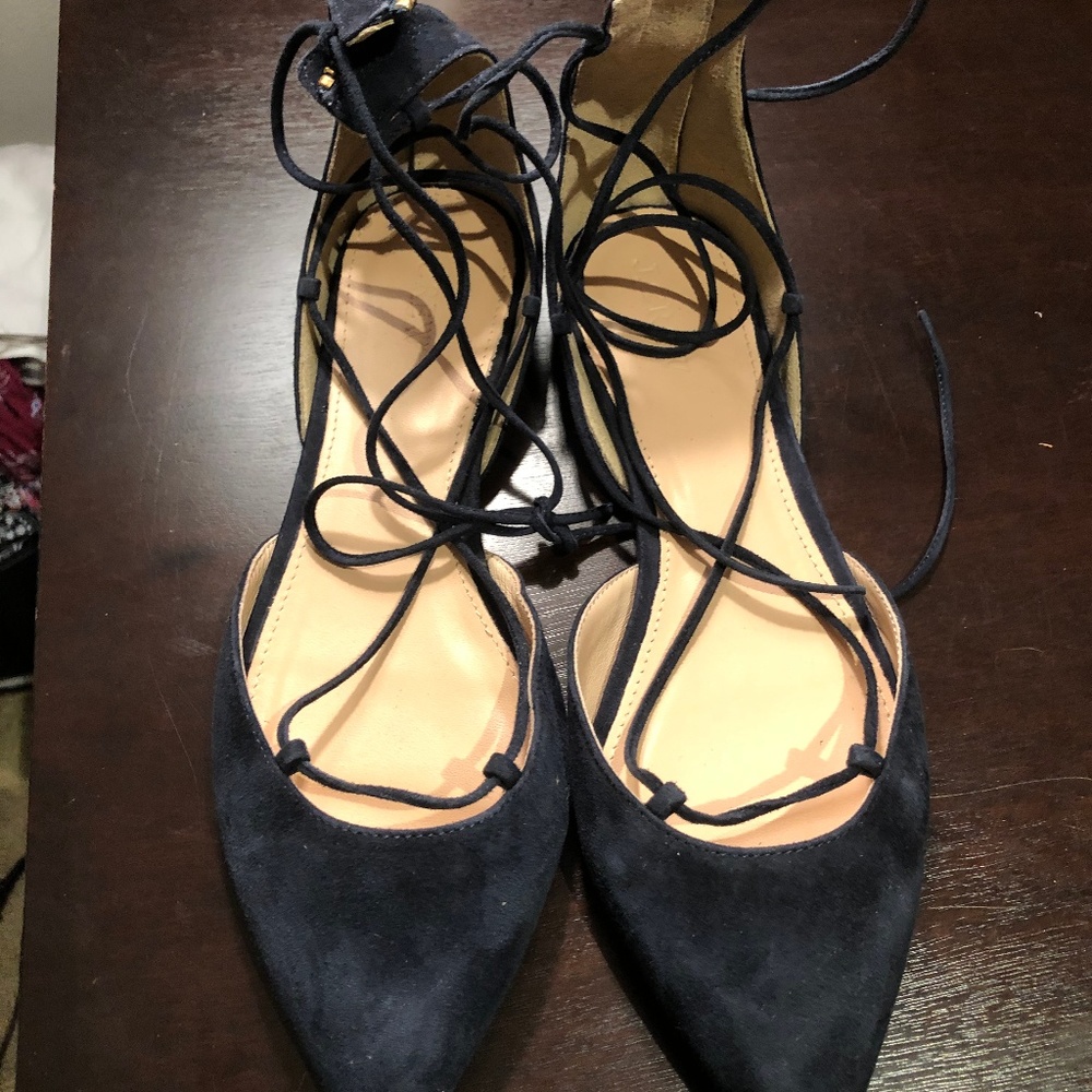 J Crew Dark Blue Suede Pointed Toe Lace Up Flats